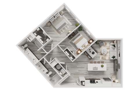 A top-down view of a house layout with multiple rooms and furniture.
